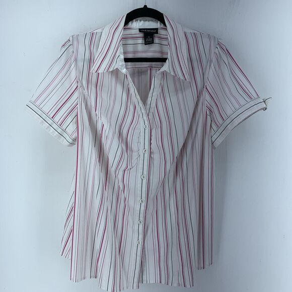 Lane Bryant Womens 18 Button Up Top Shirt Pink Stripes Ruched Slimming Stretch - Picture 1 of 8